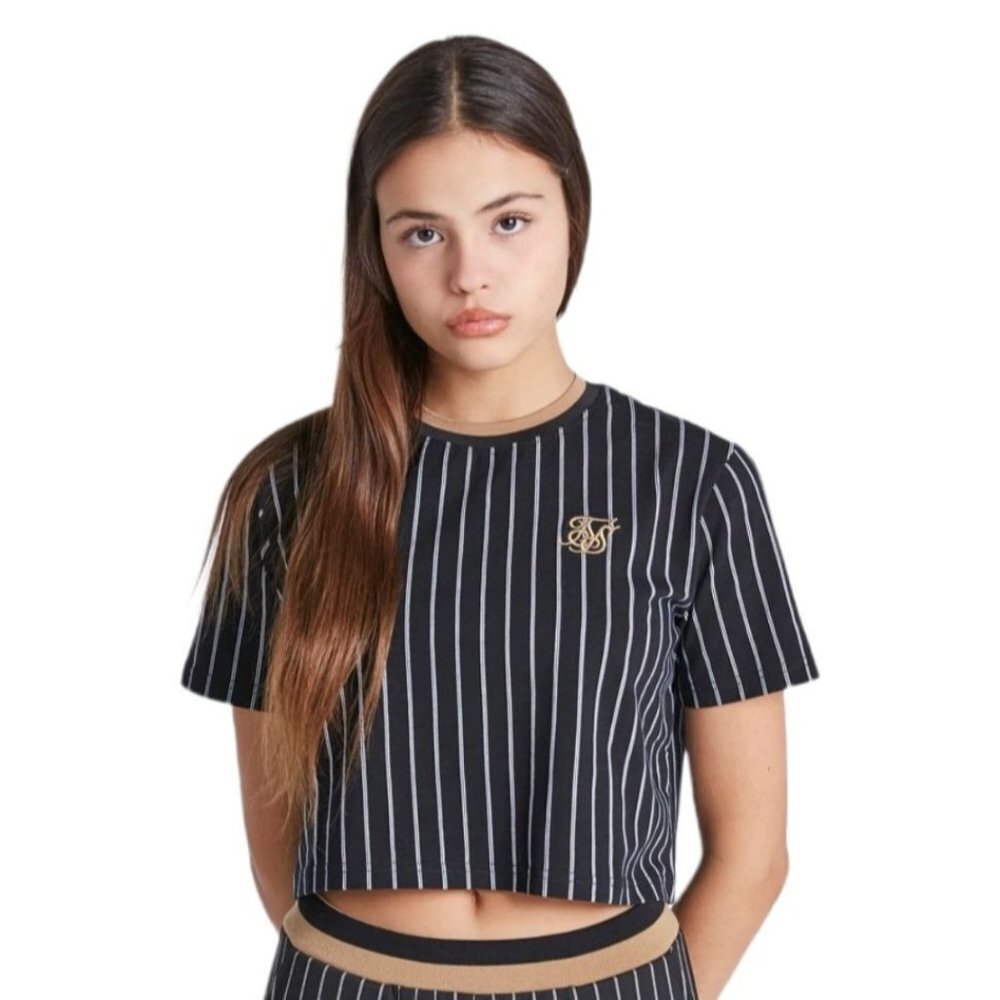 NWT SikSilk‎ Girls Baseball Stripe Crop Tee - Black Size 15